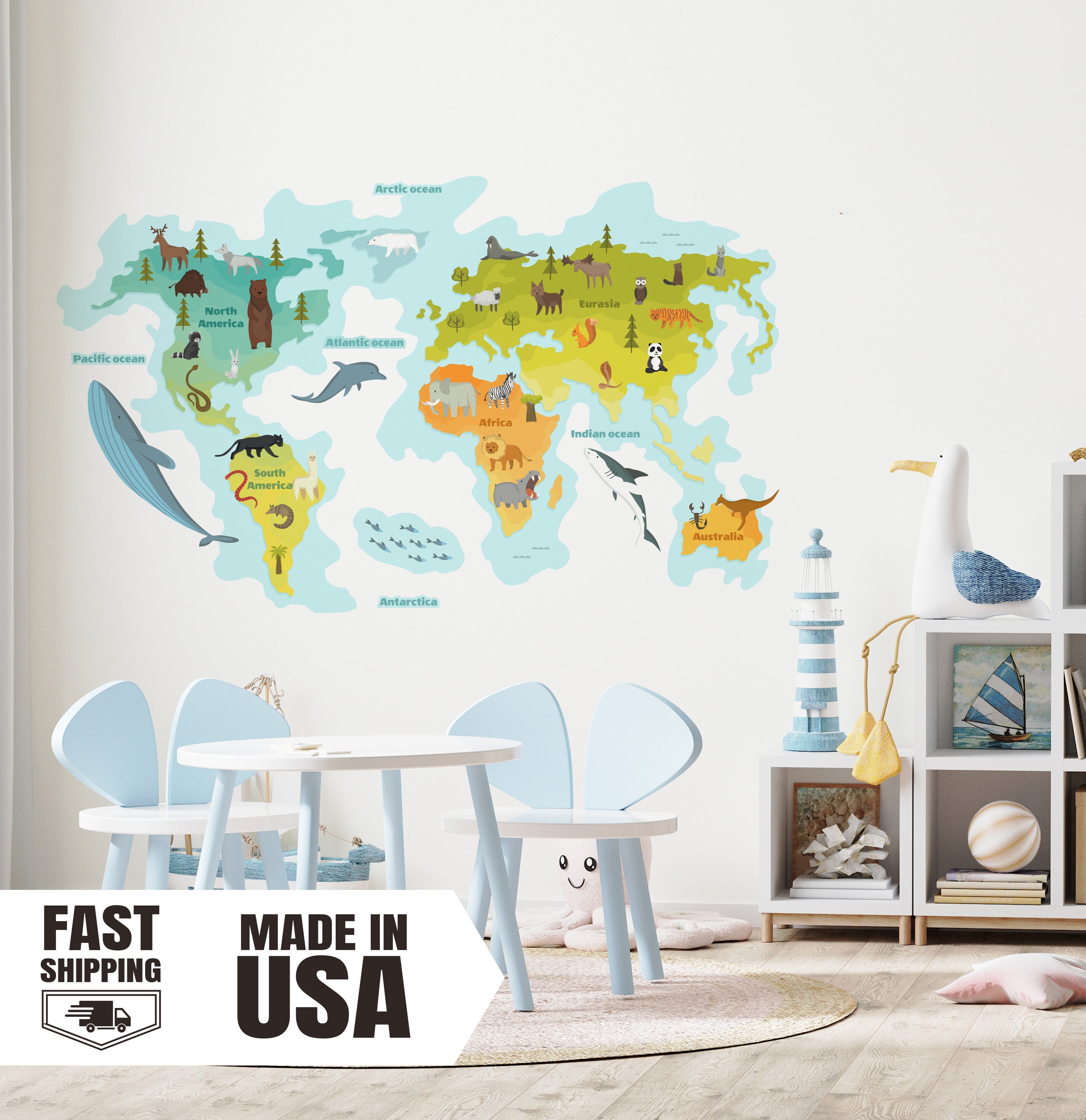 Kids Animal World Map, Educational Wall Decal Set - Etsy