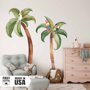 Watercolor Palm Tree Fabric Wall Decal with Birds, Palm Tree Set With Birds