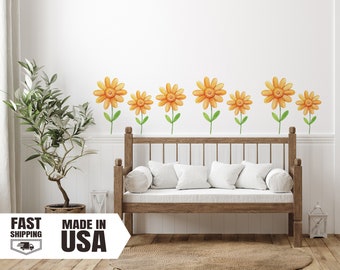 Yellow Watercolor Daisy Wall Decal Set, Spring Flower Mural