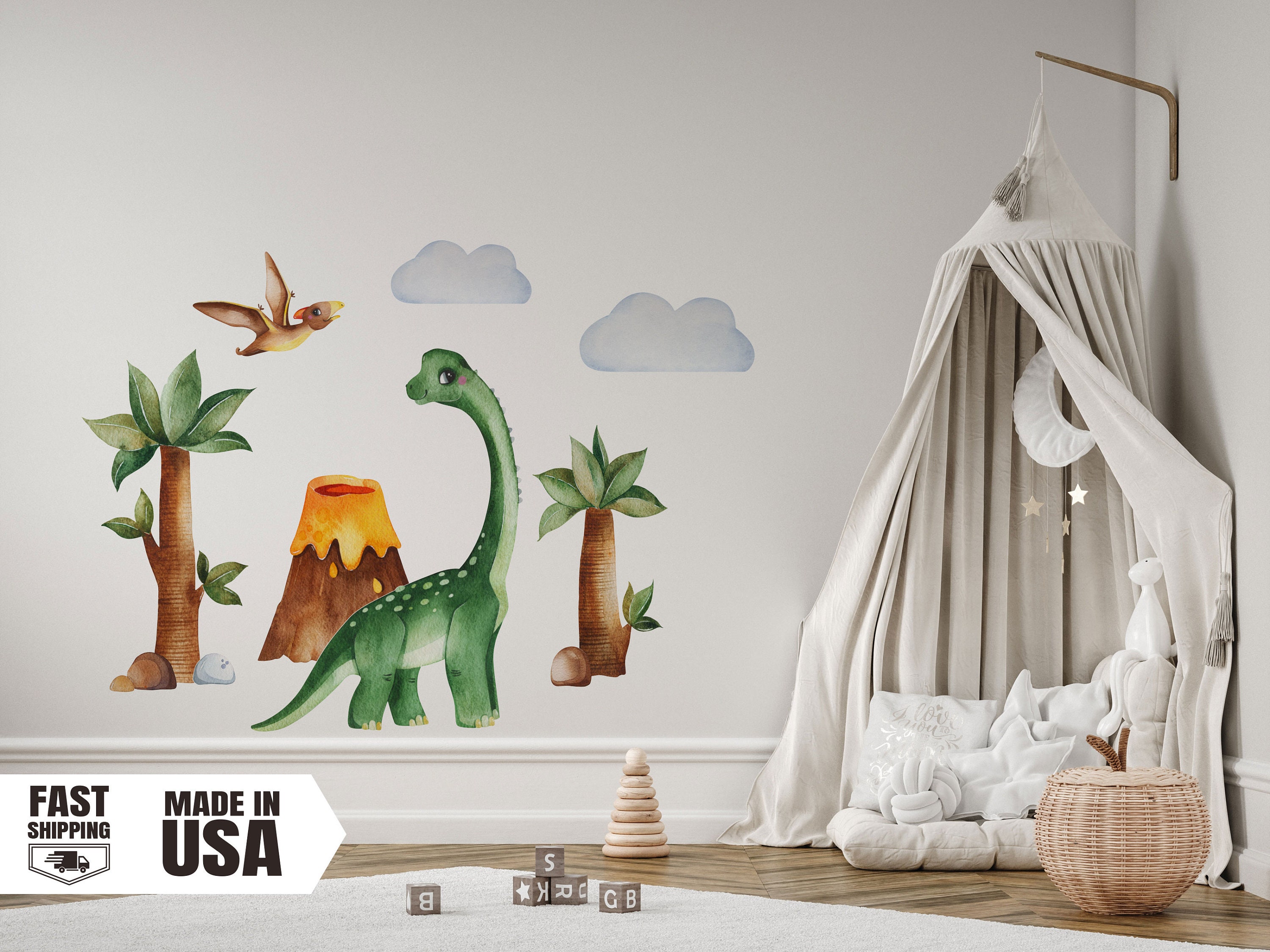 Watercolor Dinosaur Fabric Wall Decal, Nursery Dinosaur Volcano Vinyl ...