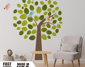 Large Tree Fabric Wall Decal With Birds, Nursery Wall Mural