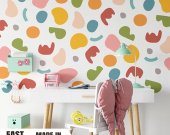 Abstract Shape Fabric Wall Decal, Colored Pattern Rainbow Colorful Line Doodle Mural