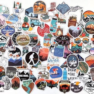 Camping Hiking Outdoors Vinyl Stickers Bombing Pack, Waterproof Adventure Stickers, Nature Travel Decals for Water Bottle, Laptops, Coolers