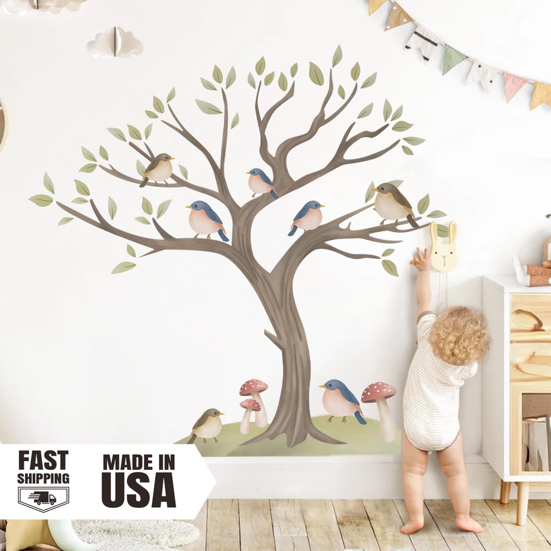 Watercolor Tree & Birds Fabric Wall Decal: Removable Woodland Nursery ...