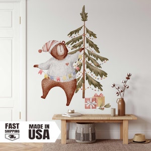 Merry Christmas Bear Watercolor Fabric Wall Decal With Bear and Christmas Tree