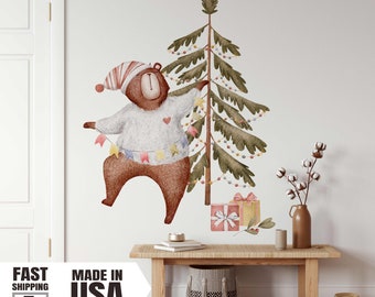 Watercolor Christmas Bear Fabric Wall Decal
