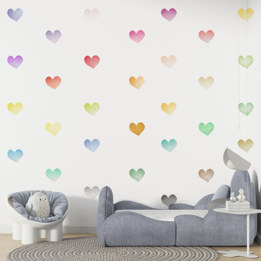 Small Rainbow Watercolor Hearts, Fabric Wall Decal, Nursery Wall Decal ...