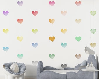 Watercolor Rainbow Hearts Fabric Wall Decals, Nursery Decor