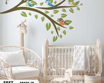 Watercolor Tree with Birds Fabric Wall Decal, Nursery Mural