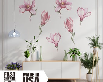 Watercolor Magnolia Fabric Wall Decal, Peony Vinyl Accent Set