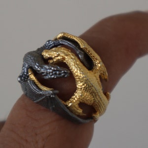 Handmade Silver Double Fighting Dragon Ring- Gold and Oxidized Sterling Silver Large Dragon Ring for Men Flying Dragons Head Gift for Him