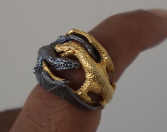 Handmade Silver Double Fighting Dragon Ring- Gold and Oxidized Sterling Silver Large Dragon Ring for Men Flying Dragons Head Gift for Him