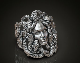 Handmade Silver Medusa Gorgona Snake Head Greek Antique Meander Pattern Signet Ring- Oxidized Greek Mythology Gothic Ring for Men Women