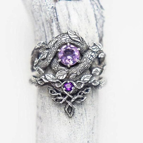 Dragon Ring Set, Natural Purple Amethyst Engagement Ring, Elvish Celtic Ring, Viking Wedding Ring for Women, Fantasy Leaf and Vine Jewelry