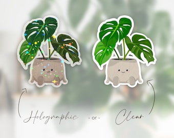 Niedlicher Monstera Aufkleber, wasserdichter Pflanzenaufkleber, Pflanzenwasserflaschenaufkleber, Laptopaufkleber, holografischer Pflanzenaufkleber, Geschenk für Pflanzenliebhaber