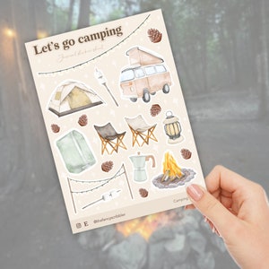 Hoja de pegatinas de diario de camping estético, pegatinas de camping de diario, pegatinas temáticas de camping, pegatinas de diario Bullet, pegatinas de planificador
