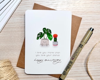 Cute anniversary card, Kawaii card for plant lover, Card for plant mom, Card for plant dad, Card for plant parent, Punny anniversary card