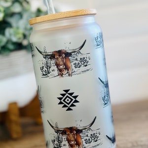 Longhorn Western Glass Cup | Western Boho Glass Coffee Cup | Wester Cowgirl Cup | Longhorn | Western Drinkware Gift Cup | Southern Cowgirl