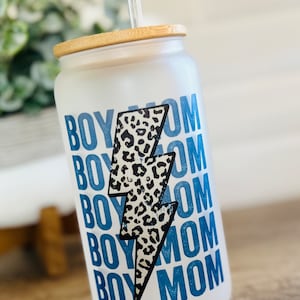 MAMA Glass Cup | Boy Mama Frosted Glass Tumbler | Iced Coffee Tumbler Reusable Cup | Blue Boy Mama Glass Tumbler