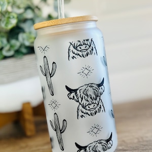Highland Cow And Cactus Glass Cup | Western Boho Glass Coffee Cup | Womens Western Libby Glass Cup | 16 oz Sublimation Cup
