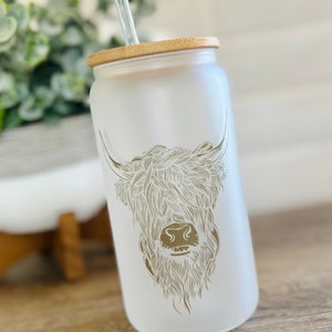 Highland Cow Western Glass Cup | Messy Hair Cow Glass Coffee Cup | Western Farming 16 oz Libby Glass Tumbler