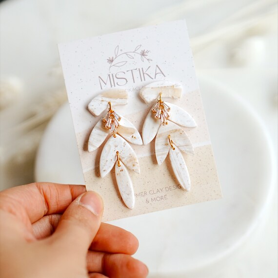 White Polymer Clay Earrings Clay Earrings Sale Earrings Polymer Clay  Earring Boho Clay Earrings Statement Earring White and Gold 