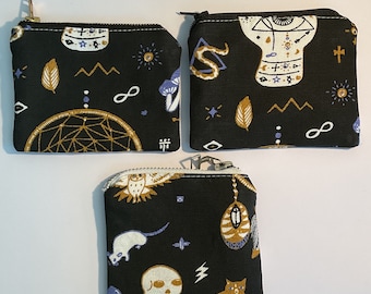 Handmade Mini Wallet / Cotton Coin Purse / Credit Card Holder / Mini Pouch Small / Dreamcatcher, Owl, Skull, Hand, Black Wallets / Shapies