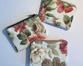 Handmade credit card holder - Mini Wallets - Cute Vintage wallet with bird - Pink Roses and flowers - Floral coin purses - Makeup mini bag