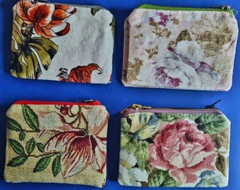 Handmade credit card holder - Mini Wallets - Cute Vintage wallet with bird - Pink Roses and flowers - Floral coin purses - Makeup mini bag