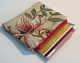 Vintage mini credit card holder - Small wallet with flowers & bird - Butterfly coin pouch - vintage fabric - Cotton wallets - Gifts for mom