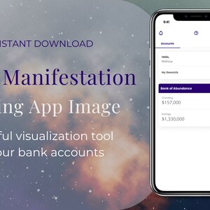 May include: A mobile phone screen displaying a banking app called "Bank of Abundance". The app shows two accounts, "Checking" with a balance of $157,000 and "Savings" with a balance of $1,330,000.