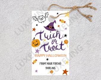 Tag di Halloween stampabili, tag regalo dolcetto o scherzetto, tag borsa dolcetto di Halloween felice, tag regalo di Halloween modificabile, tag dolcetto o scherzetto in classe