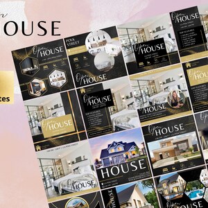 Op de afbeelding: Een set van 20 social media-sjablonen voor open huis-evenementen. De sjablonen hebben een zwart-gouden kleurenschema met afbeeldingen van huizen en de tekst "Open House".