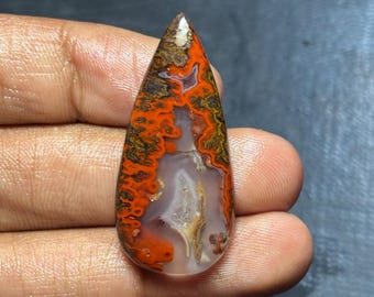 May include: A teardrop-shaped gemstone with a striking pattern of orange, brown, and white. The polished stone has a smooth surface and a unique, natural design. The gemstone is held in a hand, showcasing its size and color variations.
