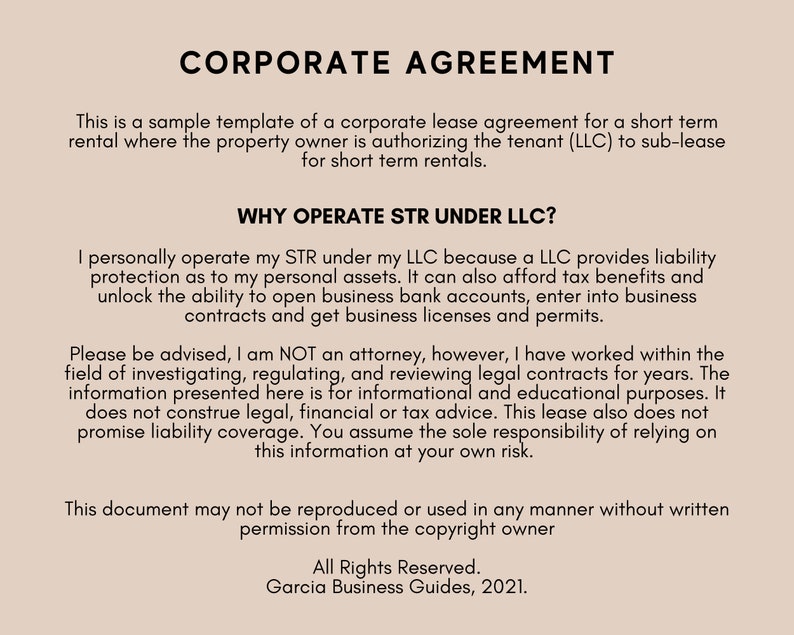 Airbnb/vrbo Corporate Short Term Rental Agreement Template Instant