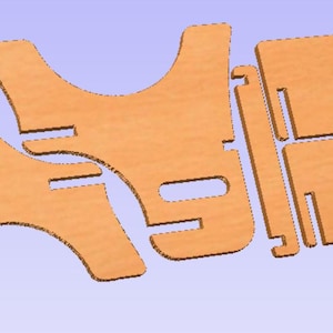May include: A disassembled wooden stool kit with interlocking parts. The kit includes two curved side pieces, two rectangular seat pieces, and two connecting pieces, all made of light brown wood. The pieces are laid out on a light blue background.