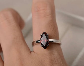 Natural Mozambique Garnet Ring: Sterling Silver Marquise Engagement Ring