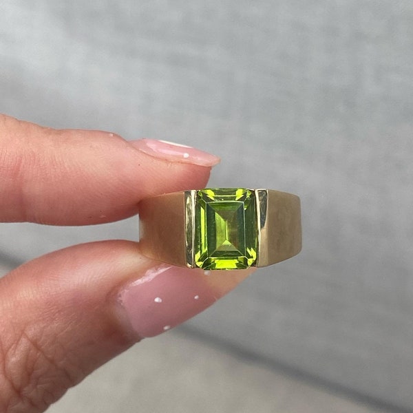 Emerald Cut Peridot Men Ring, Solid 925 Sterling Silver, AAA Quality Peridot Ring Handmade Gold Plated Silver Ring Personalized Gift for Men