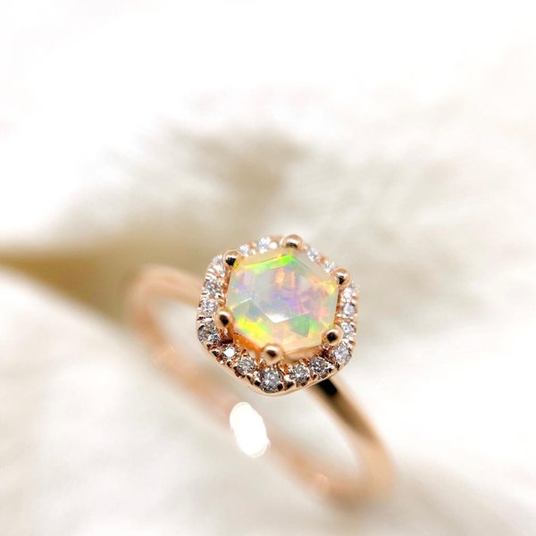 Natural Ethiopian Opal Ring, Opal Gemstone Hexagon Opal Ring, Genuine Ethiopian Opal Ring, Opal Ring,14k Rose Gold Opal Engagement Ring