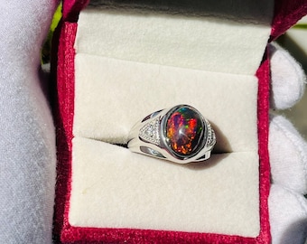 AAA+ Black Fire Opal Men&#39;s Ring, 925 Solid Sterling Silver Men&#39;s Ring, 4 Ct Genuine Natural Black Opal Ring, Stunning Handmade Opal Ring
