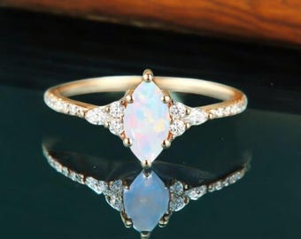 Dainty Marquise Opal Ring: Handmade October Birthstone, CZ Accents