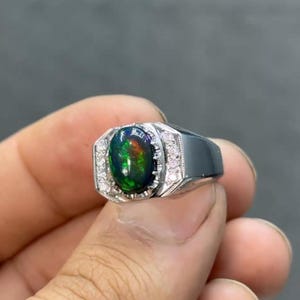 AAA+ Black Fire Opal Men&#39;s Ring, 925 Solid Sterling Silver Men&#39;s Ring,Oval cut Genuine Natural Black Opal Ring, Stunning Handmade Opal Ring