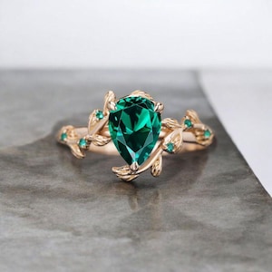 Twig Pear shaped emerald ring gold vintage nature inspired unique emerald engagement ring antique leaf ring bridal wedding ring for women