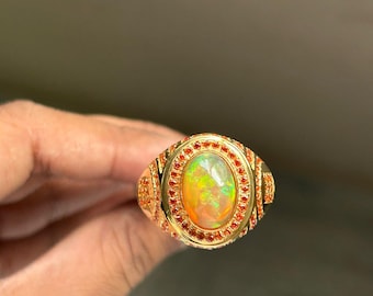 AAA+ Orange Fire Opal Men's Ring, 925 Sterling Silver 22K Gold Plated Ring, Stylish Ring, Natural Opal Ring, Beautiful Handmade Crafted Ring