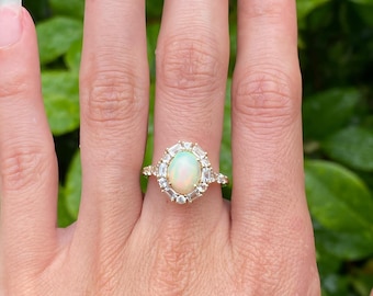 Natural Ethiopian Opal Ring – 925 Silver Halo Engagement Ring (7x9mm)