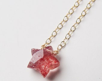 Natural Strawberry Quartz Yellow Gold Star Necklace Handmade Jewelry Women Gift, Wedding Gift