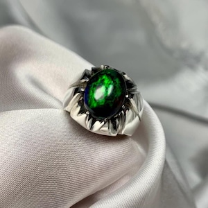 Natuurlijke zwarte opaal herenring: handgemaakt 925 sterlingzilver, vintagestijl