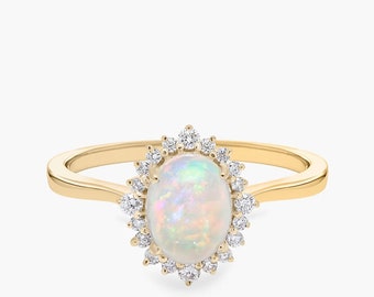 Oval Ethiopian Opal Halo Ring, October Birthstone, 10x8mm Fire Opal, Moissanite Accents