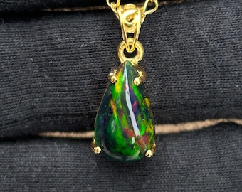 Natural Black Opal Necklace: 14k Gold Pendant, Sterling Silver
