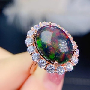 Oval Ethiopian Opal Ring: Sterling Silver, CZ Accents, October Birthstone